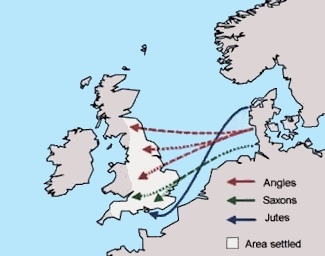 Routes taken by the Angles, Saxons and Jutes